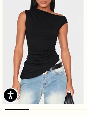 Asymmetric shoulder ruched longline top